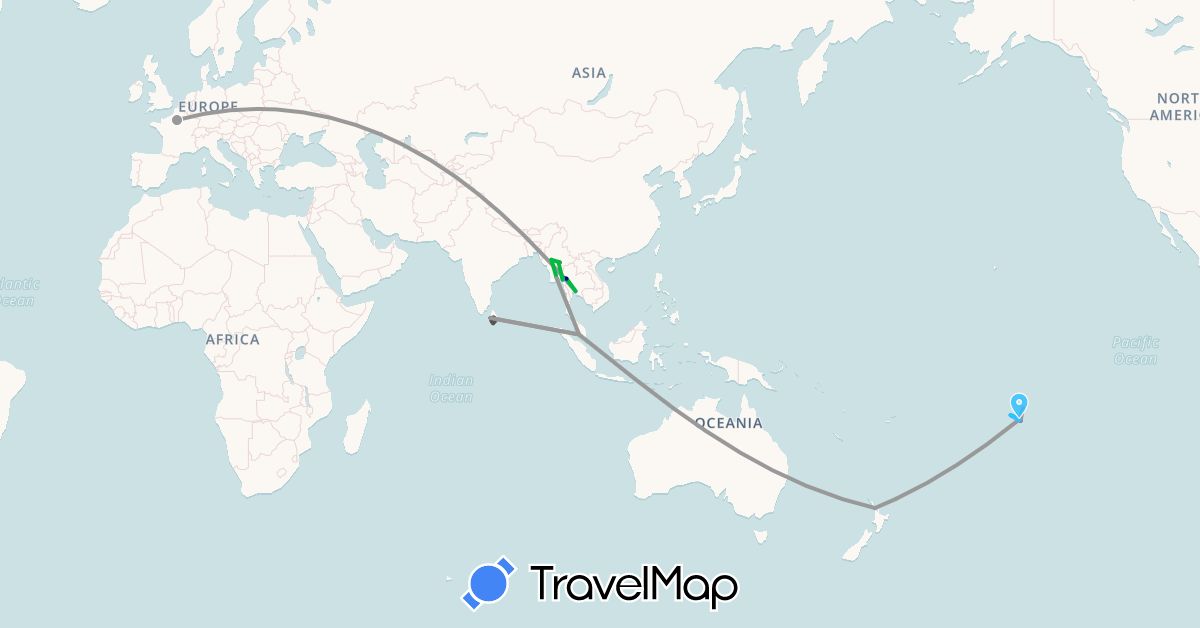 TravelMap itinerary: driving, bus, plane, hiking, boat, motorbike in France, Sri Lanka, Myanmar (Burma), Malaysia, New Zealand, French Polynesia, Thailand (Asia, Europe, Oceania)